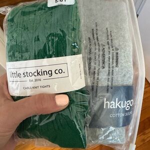 Little Stocking Co. Cable Knit Tights & Hakugo Cotton Tight - Green & Light Gray